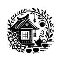 Black and White Japanese Teahouse Scene with Teapot, Cups, and Floral Surround, Offering Serenity and Tradition in a Circular Design. vector