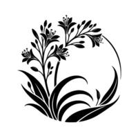 Elegant Floral Monochromatic Illustration Featuring Stylized Lilies, Leaves, and Stems Within a Decorative Circular Frame on a Clean White Backdrop. vector