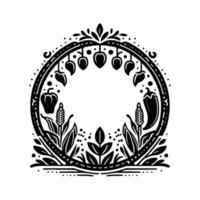 Illustration of an Ornamental, Symmetrical Harvest Frame with Peppers, Tomatoes, and Wheat in a Black and White Design. vector