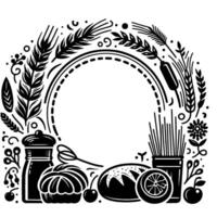 illustration of a circular border featuring baking ingredients and natural elements in a simple black and white style, with a central open space. vector