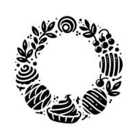 Black and White Wreath Featuring Sweets, Berries, and Foliage in a Circular Composition, Decorative and Minimalist. vector