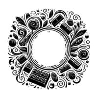 Artistic Black White Circular Arrangement with Chocolate Bars, Truffles, and Decorative Swirls, Leaves, and a Blank Center. vector