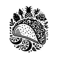 Stylized Black White Taco with Pineapple, Citrus, and Floral Elements in a Circular Composition. vector