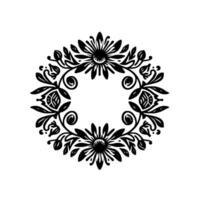 Intricate black and white floral wreath with daisylike flowers, leaves, and curled vines, against a white background, creating a symmetrical and elegant aesthetic. vector