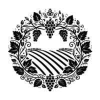 Black and White Vineyard Crest Grapes, Leaves, and Field Enclosed in a Circular Decorative Frame, Depicting Winemaking Aesthetics. vector