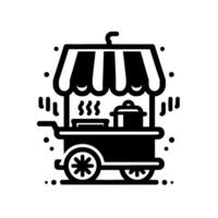 Whimsical Minimalist Food Cart Illustration Black and White Street Food Vendor with Steaming Pot and Stripe Awning, Simple Design. vector