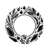 Minimalist Black and White Circular Wreath of Vegetables and Leaves, Framed Empty Center vector