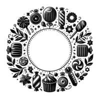 Intricate Black and White Circular Illustration of Sweets and Foliage, Bordering a Blank Circle, Perfect for Invitations or Decorations. vector