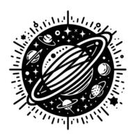 Black and White Cosmic Illustration Featuring Planets, Stars, Rings, and a Circular Frame, Depicting Outer Space. vector