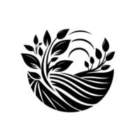 Stylized Black and White Logo Curved Lines with Plants Growing from a Field inside a Circle, Representing Nature and Farming vector