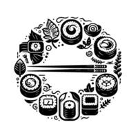 Circular black and white illustration of sushi rolls, chopsticks, leaves, and decorative elements, arranged in a symmetrical design. vector