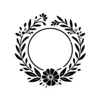 Intricate black and white botanical wreath with a central circular frame, perfect for elegant invitations and minimalist decor. vector