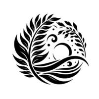Circular Black and White Botanical Illustration with Leaves, Swirls, and EyeLike Details on White Background, Abstract Design. vector
