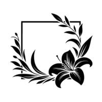 Black and white stylized floral illustration featuring a lily and foliage arrangement framing an empty square, minimalistic design. vector
