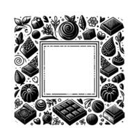 Elegant Black and White Illustration of Assorted Sweets and Decorative Elements Framing a Central Square. vector