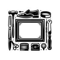 A Monochrome Shoemakers Toolkit Layout Featuring a shoe, tools, tape, and a central frame. vector
