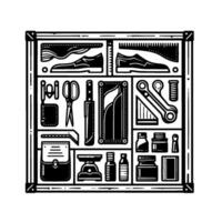 Black and White Artisans Toolbox Stylized Illustration of Cobbling, Tailoring and General Crafts Tools in a Grid, Organized Within a Square Frame. vector