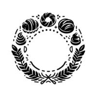Monochromatic BakeryThemed Wreath, Featuring Pastries, Loaves, Floral Elements, Decorative Dashes, and a Blank Center for Text. vector