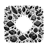 Black and White Illustration of a Square Frame Border with Chocolate Bars, Leaves, and Floral Elements vector