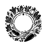 Black and White Circular Illustration of Farm Fresh Vegetables Framing a Blank Center for Text or Design. vector