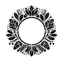 Minimalist black and white botanical circular frame featuring leaves, buds, and floral elements, perfect for invitations or decorative graphics. vector