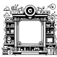 Whimsical gaming portal with shelves of playful items, a game console, and a central frame. A cartoonlike fantasy. vector