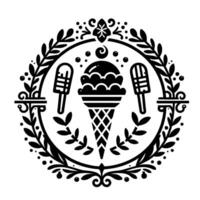 Intricate Black White Decorative Circular Featuring Ice Cream Cone, Popsicles, and Floral Elements within a Laurel Wreath vector