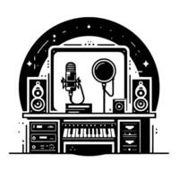 Simplified Illustration of a Modern Recording Studio with Microphone, Speakers, and Keyboard, Set Against a Starry Night Arch. vector