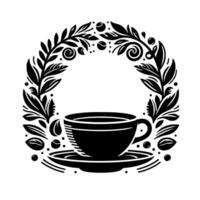 Intricate Black White Coffee Cup Design, Surrounded by Botanical Wreath with Coffee Beans and Berries, Elegant, Minimalist, and Inviting. vector