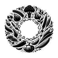 A Circular, Monochrome Illustration of Various Vegetables and Herbs Framing a Central Blank Space, Emphasizing Harvest Abundance vector