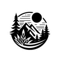 Minimalist Black and White Illustration of Mountain Range, Pine Trees, Foliage, and a Sun within a Circular Frame. vector
