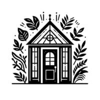 A symmetrical black and white illustration of a greenhouse embraced by stylized leaf patterns, radiating tranquility. vector