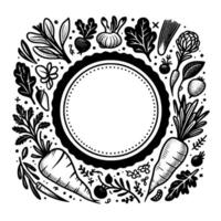 Monochromatic Illustration of Farm Fresh Vegetables Framing a Circular Blank Space for Text or Design, Organic Produce Theme. vector