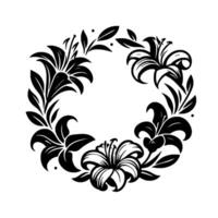 Monochrome Lily Wreath Illustration, Floral with Black Flowers and Leaves in a Circular Arrangement on White Background. vector