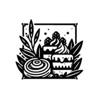 Monochromatic line art illustration of cakes and a swirl pastry decorated with leaves and berries within a frame, evoking a culinary theme. vector