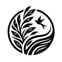 Black and White Circular Emblem A stylized bird in flight, leaves and abstract lines within a circle. vector