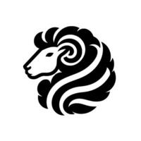 A minimalist black and white of a rams head, with a sleek, stylized and intricate, swirling horns, set against a clean white backdrop. vector