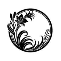 Elegant Black White Circular Floral Design A symmetrical composition featuring lilies, leaves, and decorative elements within a round frame. vector
