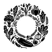 Black and White Veggie Wreath A stylized illustration of various vegetables arranged in a circular frame, embodying natures bounty. vector