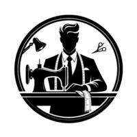 Elegant Black and White Silhouette of a Tailor at Work, Inside a Circular Frame, with Sewing Machine, Scissors, Lamp, and a Tape Measure. vector