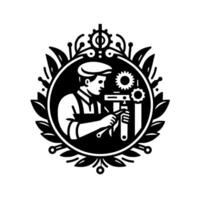 Black and White Emblem of a Mechanic Focused on Repairing Tools, Surrounded by Leafy Accents and Mechanical Gears. vector