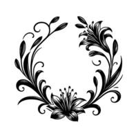 Black and White Floral Wreath with Lilies and Leaves on a White Background, Decorative and Elegant Design. vector