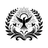 Stylized, symmetrical, black and white featuring a bird with outstretched wings, surrounded by rays, floral elements, and laurel wreath. vector