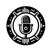 Stylized, circular featuring a vintage microphone, surrounded by audio wave elements and circuitlike details, in a bold black and white design. vector