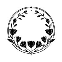Elegant Black and White Floral Wreath with Tulips, Leaves, and Decorative Elements in a Circular Design, a Sophisticated and Minimalist Emblem. vector