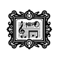 Black and white elegant musical art piece featuring a framed composition of a treble clef, trumpet and musical notation, surrounded by decorative scrollwork. vector