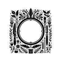 Black and White Illustration A Circular Frame Decorated with Foliage, Tools, and Symbolic Objects. vector