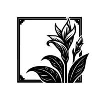 Intricate Black and White Floral Illustration a Lily with Bud, Leaves, and Decorative Frame Design. vector