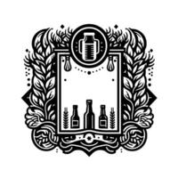 Ornate Black White Beer Label Design A Circular Emblem with a Central Rectangular Board, Flanked by Leaves, Bottles. vector