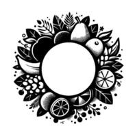 Black and white stylized fruit wreath with a blank center, featuring a variety of fruits and leaves. vector
